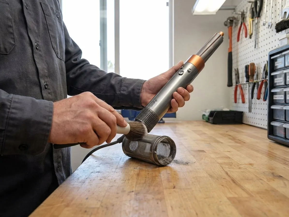 Technician brushing lint from the removed filter cage of a Dyson Airwrap