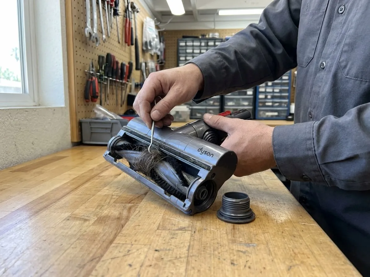 Technician removing wound hair from the brush bar of a Dyson cleaner head