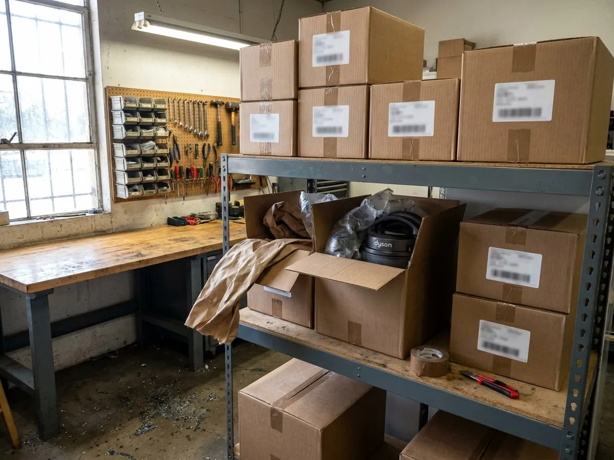 Shelf of shipping boxes with vacuums inside, packed in kraft paper