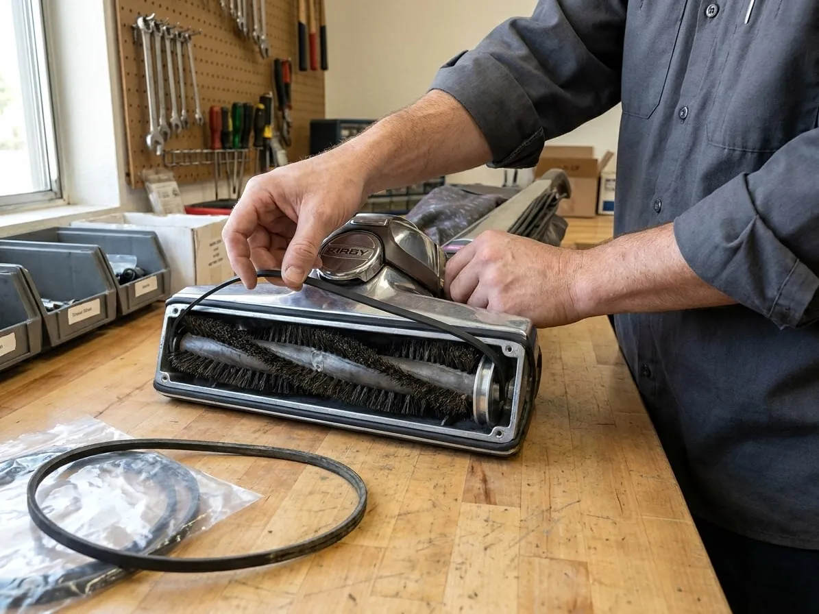 Technician fitting a new belt on the brush roll of an upside-down Kirby power nozzle
