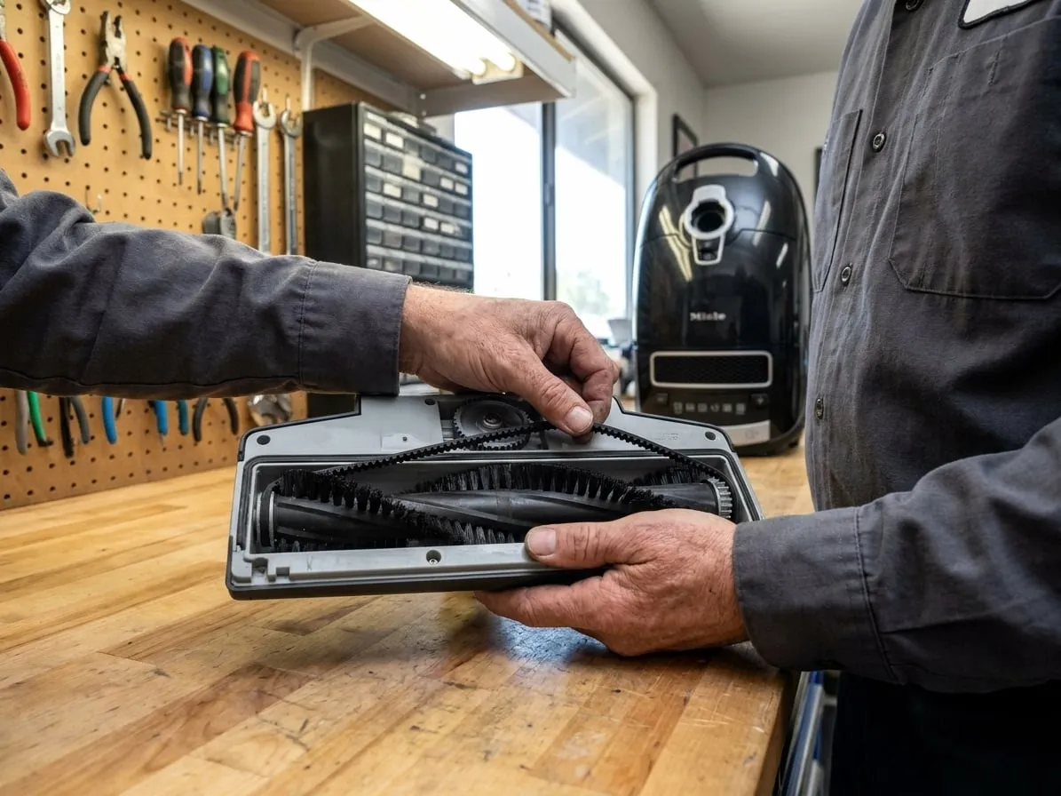 Technician fitting a new belt in a Miele electric power brush, with the canister behind