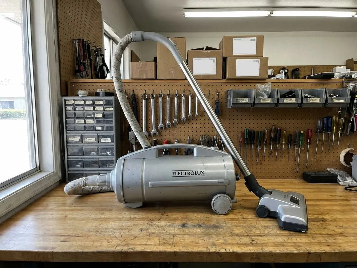 Silver Electrolux canister vacuum with a power nozzle on a workbench