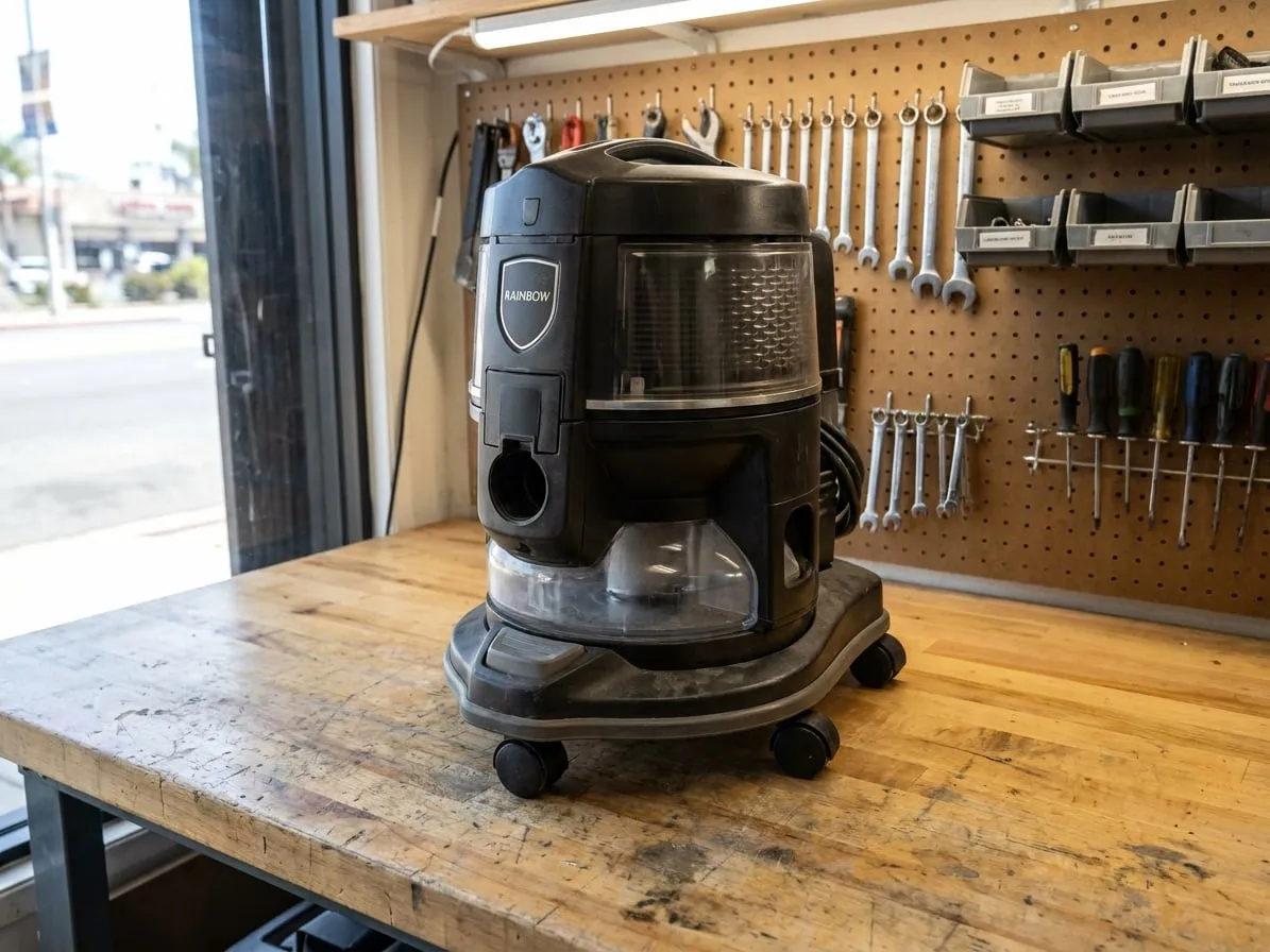 Rainbow E2 water-filter canister vacuum on a workbench