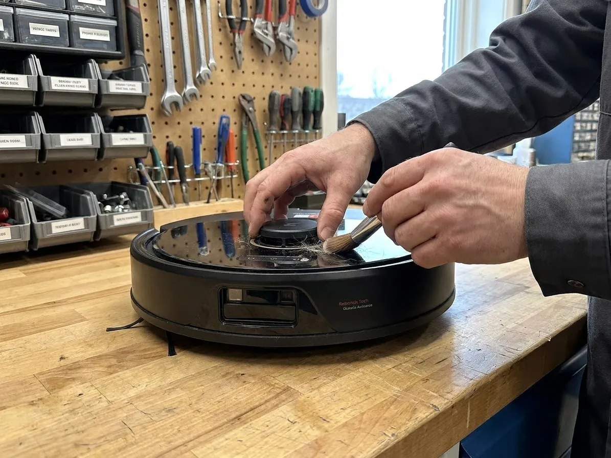 Technician brushing fluff from around the LiDAR turret of a robot vacuum
