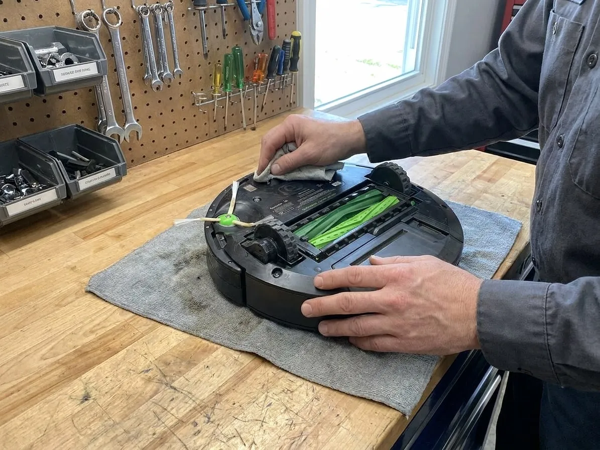 Technician wiping the charging contacts on the underside of a robot vacuum